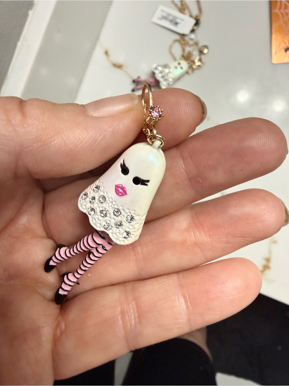Betsey Johnson White & Pink Crystal Ghost Necklace and Earring Set - Picture 5 of 8
